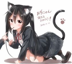 Rule 34 | 1girl, all fours, animal ears, black hair, black legwear, black skirt, blush, brown eyes, commentary request, food, hair between eyes, happy birthday, highres, k-on!, kemonomimi mode, long hair, long sleeves, looking at viewer, nakano azusa, neck ribbon, out of frame, paw print, pentagon (railgun ky1206), pleated skirt, pocky, pocky day, ribbon, school uniform, skirt, solo focus, tail, translated