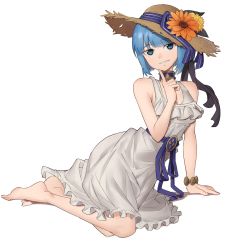 Rule 34 | 1girl, alternate costume, arm support, barefoot, belt buckle, blue eyes, blue hair, blue ribbon, bob cut, breasts, buckle, choker, cleavage, commentary, dress, ebinku, english commentary, fire emblem, fire emblem echoes: shadows of valentia, flower, hat, highres, index finger raised, looking at viewer, nintendo, orange flower, ribbon, seiza, short hair, silque (fire emblem), simple background, sitting, small breasts, smile, smug, solo, sun hat, sundress, white background, white dress, yellow flower