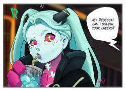 Rule 34 | 1girl, blue hair, blue skin, colored sclera, colored skin, comic, cyberpunk (series), cyberpunk edgerunners, drinking straw, english text, highres, ice, ice cube, long hair, looking at another, nagainosfw, rebecca (cyberpunk), red sclera, signature, speech bubble, sweatdrop