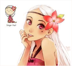 Rule 34 | 1girl, bare arms, blush, chibi, closed eyes, dragon fruit, dress, flower, food-themed clothes, hair flower, hair ornament, headband, lips, long hair, meago, mole, mole under eye, open mouth, original, personification, pink dress, pink eyes, red eyes, signature, simple background, sketch, smile, solo, upper body, white hair