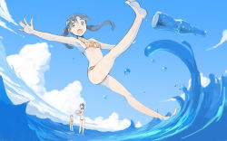 Rule 34 | 3girls, :o, armpits, ball, barefoot, bikini, black hair, blue theme, bottle, cloud, day, falling, feet, from below, hugging own legs, looking at viewer, multiple girls, ocean, open mouth, original, outdoors, outstretched arms, purple eyes, purple hair, sky, splashing, spread arms, summer, swimsuit, tko (artist), tko (kkk66), twintails, wading, water, waves