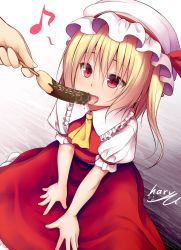 Rule 34 | 1girl, artist name, blonde hair, chocolate banana, dress, fang, feeding, flandre scarlet, food, frilled shirt collar, frilled sleeves, frills, hair between eyes, haryuu (poetto), hat, highres, holding, holding food, long hair, musical note, open mouth, out of frame, quaver, red dress, red eyes, sexually suggestive, short sleeves, signature, sitting, socks, solo focus, sprinkles, tongue, touhou, white hat, white legwear