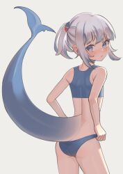 Rule 34 | 1girl, absurdres, adjusting clothes, adjusting swimsuit, alternate costume, ass, bikini, blue bikini, blue eyes, blue hair, blush, closed mouth, fins, fish tail, gawr gura, highres, hololive, hololive english, looking at viewer, merumo (ss99807238), multicolored hair, shark girl, shark tail, short hair, simple background, solo, swimsuit, tail, virtual youtuber, white background, white hair