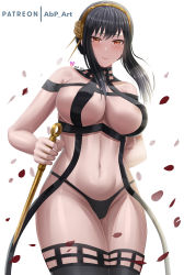 Rule 34 | 1girl, abp art, areola slip, black hair, blush, breasts, cleavage, dagger, flower, gold hairband, hair flower, hair ornament, hairband, highres, holding, holding dagger, holding knife, holding weapon, knife, large breasts, lips, medium hair, panties, red eyes, rose, solo, spy x family, underwear, upper body, weapon, white background, yor briar