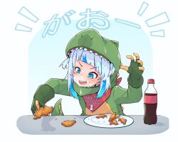 Rule 34 | 1girl, bib, blue eyes, blue hair, blunt bangs, chicken nuggets, dinosaur costume, food, gawr gura, gloves, grey hair, hololive, hololive english, moral cacoethes, multicolored hair, open mouth, shark girl, sharp teeth, sidelocks, soda bottle, solo, streaked hair, tail, teeth, upper teeth only, virtual youtuber