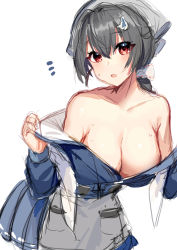 Rule 34 | 1girl, :o, akagi kurage, apron, bad id, bad twitter id, bare shoulders, black hair, blue skirt, blush, breasts, cleavage, hair flaps, hair ornament, hair ribbon, highres, jingei (kancolle), kantai collection, large breasts, long sleeves, notice lines, open clothes, open mouth, pleated skirt, red eyes, ribbon, simple background, sketch, skirt, solo, sweat, undressing, waist apron, white background