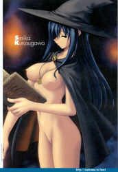 Rule 34 | 1girl, blue hair, book, breasts, cape, character name, closed eyes, cowboy shot, from side, hat, holding, holding book, jewelry, kurusugawa serika, large breasts, long hair, naked cape, navel, necklace, nipples, nude, open book, pendant, pointy nose, pussy, scan, scan artifacts, solo, stomach, symbol, thighs, to heart, to heart (series), watermark, web address, witch hat