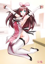 Rule 34 | 1girl, :d, adapted costume, apron, armpits, arms up, bare shoulders, blue eyes, breasts, brown hair, clenched hands, commentary request, detached sleeves, full body, hairband, highres, indoors, jumping, kizuna ai, kizuna ai inc., large breasts, long hair, looking at viewer, multicolored hair, naked apron, no bra, no panties, open mouth, pink hair, sideboob, smile, solo, souryu, streaked hair, thighhighs, virtual youtuber