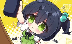 Rule 34 | 1girl, :t, arm up, black bow, black hair, blush, board eraser, bow, breasts, chibi, closed mouth, collared shirt, commentary request, dress, flying sweatdrops, frilled dress, frills, green dress, green eyes, hair between eyes, hair bobbles, hair ornament, highres, holding, kyoumachi seika, medium breasts, milkpanda, one side up, pout, puffy short sleeves, puffy sleeves, shirt, short eyebrows, short sleeves, sleeveless, sleeveless dress, solo, thick eyebrows, trembling, voiceroid, wavy mouth, white shirt