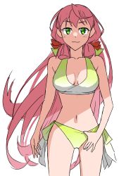 Rule 34 | 1girl, absurdres, akashi (kancolle), bikini, blunt tresses, breasts, commentary request, gradient bikini, green eyes, hair ribbon, hamukiyo, highres, kantai collection, long hair, looking at viewer, medium breasts, official alternate costume, pink hair, ribbon, side-tie bikini bottom, simple background, smile, solo, standing, swimsuit, tress ribbon, white background