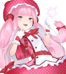 Rule 34 | 1girl, backpack, bag, belt, big hair, blue eyes, bombergirl, buttons, double-breasted, fang, gloves, hand up, hands up, hat, heart, heart print, highres, long hair, looking at viewer, momoko (bombergirl), pink hair, randoseru, red belt, red hat, simple background, skin fang, smile, smug, solo, twintails, unizou, unmoving pattern, very long hair, white background, white gloves