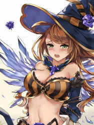 Rule 34 | 10s, 1girl, arms behind back, bare shoulders, beatrix (granblue fantasy), blush, breasts, brown hair, cleavage, gradient background, granblue fantasy, green eyes, halloween, halloween costume, hat, long hair, looking at viewer, medium breasts, midriff, navel, open mouth, rope, solo, tears, white crow, witch hat