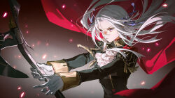 Rule 34 | 1girl, aiguillette, ascot, axe, black jacket, cape, closed mouth, commentary request, edelgard von hresvelg, fire emblem, fire emblem: three houses, flower, garreg mach monastery uniform, highres, holding, holding axe, jacket, long hair, long sleeves, nintendo, purple eyes, red cape, solo, tuzhate, upper body, white ascot, white flower, white hair