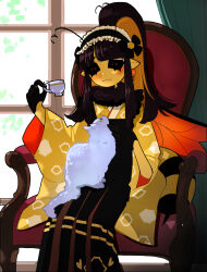 1girl absurdres animal animal_on_lap antennae arthropod_girl bee_girl blonde_hair brown_eyes brown_hair cat cat_on_lap chair colored_inner_hair colored_skin commentary_request commission cup fur_collar highres holding holding_cup indoors insect_girl japanese_clothes kimono long_hair monster_girl multicolored_hair nicoq_(koikoihaihai) on_lap original pointy_ears ponytail sitting solo teacup window yellow_kimono yellow_skin