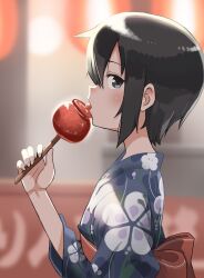 Rule 34 | 1girl, akts625, black eyes, black hair, blue kimono, blurry, blurry background, blush, breasts, candy apple, commentary, depth of field, festival, floral print, food, food stand, from side, hair between eyes, hand up, highres, holding, holding food, japanese clothes, kimono, kino (kino no tabi), kino no tabi, licking, long bangs, looking at viewer, looking to the side, loose hair strand, non-web source, obi, portrait, red sash, romaji commentary, sash, short hair, sidelocks, small breasts, solo, tongue, tongue out, upper body, very short hair