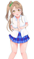 Rule 34 | 10s, 1girl, absurdres, blush, bow, breasts, brown eyes, cleavage, green bow, grey hair, hair bow, highres, large breasts, long hair, looking at viewer, love live!, love live! school idol project, minami kotori, navel, no bra, open clothes, open mouth, open shirt, otonokizaka school uniform, school uniform, side ponytail, simple background, smile, solo, standing, wewe, white background