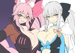 Rule 34 | 2girls, animal ear fluff, animal ears, areola slip, black bodysuit, black dress, black gloves, black ribbon, blue background, blue dress, blue eyes, blush, bodysuit, braid, breast press, breasts, center opening, cleavage, cleavage cutout, clothing cutout, collarbone, dress, fate/grand order, fate (series), flat color, fox ears, fox girl, fox tail, french braid, glasses, gloves, hair between eyes, hair ribbon, half-closed eyes, jacket, koyanskaya (assassin) (first ascension) (fate), koyanskaya (fate), large breasts, long hair, looking at viewer, morgan le fay (fate), multiple girls, navel cutout, no bra, open mouth, pink hair, ponytail, ribbon, sidelocks, smug, sukage, symmetrical docking, tail, tamamo (fate), two-tone dress, white background, white hair, white jacket, yellow eyes