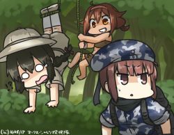 Rule 34 | !?, 3girls, backpack, bag, beret, black hair, braid, brown eyes, brown hair, camouflage, camouflage headwear, commentary request, crying, crying with eyes open, dated, forest, grin, hamu koutarou, hat, helmet, isonami (kancolle), kantai collection, long hair, military, military uniform, multiple girls, nature, o o, pith helmet, rope, sarong, scarf, shaded face, shiratsuyu (kancolle), short hair, smile, streaming tears, sweat, tears, uniform, z3 max schultz (kancolle)