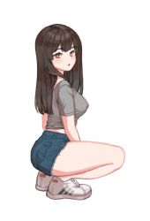 Rule 34 | 1girl, adidas, ass, bare legs, black hair, blue shorts, breasts, bright pupils, crop top, cutoffs, denim, denim shorts, from side, grey shirt, highres, long hair, looking at viewer, looking to the side, medium breasts, midriff, midriff peek, original, parted lips, red eyes, shirt, shoes, short shorts, short sleeves, shorts, simple background, solo, squatting, thighs, white background, white footwear, yareen