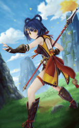 Rule 34 | 1girl, absurdres, back cutout, bell, blue hair, blue sky, boots, braid, braided hair rings, breasts, brown footwear, brown gloves, chinese clothes, clothing cutout, cloud, fighting stance, fingerless gloves, foot out of frame, from side, genshin impact, gloves, grass, guoba (genshin impact), hair ornament, hair rings, hairclip, highres, holding, holding polearm, holding weapon, konbanwa01, legs, mountain, outdoors, outstretched arm, paw print, polearm, short eyebrows, short hair, sky, small breasts, smile, solo, spear, stuffed toy, tassel, thigh strap, thighs, twin braids, v-shaped eyebrows, weapon, xiangling (genshin impact), yellow eyes