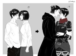 Rule 34 | 13nohuyu, 1boy, 1girl, age progression, black coat, black hair, black shirt, blush, border, breasts, coat, collared shirt, couple, eren yeager, food, grey background, grey skirt, hair between eyes, hair bun, hand on another&#039;s arm, harness, heavy breathing, hetero, highres, hood, hood down, hooded coat, large breasts, long sleeves, mikasa ackerman, monochrome, parted bangs, pocky, pocky kiss, red scarf, scarf, shared food, shingeki no kyojin, shirt, short hair, skirt, spot color, three-dimensional maneuver gear, twitter username, white border, white shirt