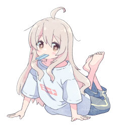 1girl ahoge arai_cherry barefoot black_pants brown_eyes commentary feet feet_up food food_in_mouth hair_between_eyes light_blush long_hair looking_at_viewer lying mouth_hold on_stomach onii-chan_wa_oshimai! oyama_mahiro pants popsicle popsicle_in_mouth shirt simple_background solo t-shirt the_pose toes white_background white_shirt