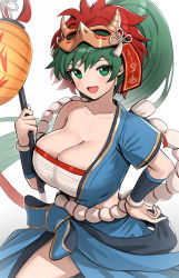 Rule 34 | 1girl, :d, absurdres, bandages, blue shirt, blue skirt, blush, breasts, chest sarashi, cleavage, collarbone, commentary, cowboy shot, fire emblem, fire emblem: the blazing blade, fire emblem heroes, gonzarez, green eyes, green hair, hand on own hip, hand up, highres, holding, large breasts, long hair, looking at viewer, lyn (fire emblem), mask, mask on head, nintendo, official alternate costume, open mouth, ponytail, sarashi, shirt, simple background, single-shoulder shirt, single bare shoulder, single sleeve, skirt, smile, solo, standing, strapless, tube top, very long hair, white background