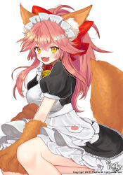 Rule 34 | 1girl, :d, animal collar, animal ear fluff, animal ears, animal hands, apron, bell, black dress, bow, breasts, collar, commentary, copyright notice, dress, fangs, fate/grand order, fate (series), feet out of frame, fox ears, fox tail, frilled dress, frills, gloves, hair between eyes, hair bow, jingle bell, large breasts, long hair, looking at viewer, maid, maid apron, maid headdress, neck bell, on ground, open mouth, paw gloves, pikatsu, pink hair, puffy short sleeves, puffy sleeves, red bow, red collar, short sleeves, signature, simple background, smile, solo, symbol-only commentary, tail, tamamo (fate), tamamo cat (fate), tamamo cat (second ascension) (fate), white apron, white background, yellow eyes