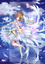 Rule 34 | 1girl, antenna hair, bare shoulders, between fingers, blue sky, brown hair, card, cardcaptor sakura, clear card, cloud, cloudy sky, commentary request, crown, day, dress, gloves, green eyes, hair between eyes, hair intakes, high heels, holding, holding card, holding staff, kinomoto sakura, looking at viewer, looking to the side, mini crown, outdoors, petals, pisuke, shoes, sky, sleeveless, sleeveless dress, solo, staff, standing, standing on one leg, white dress, white footwear, white gloves, yume no tsue