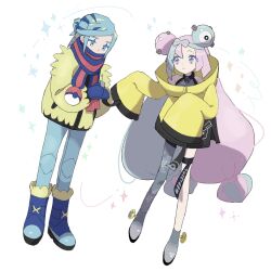 Rule 34 | 1boy, 1girl, blue footwear, blue mittens, blue scarf, boots, bow-shaped hair, closed mouth, creatures (company), eneko (olavcnkrpucl16a), eyelashes, game freak, green hair, green pants, grey footwear, grey shirt, grusha (pokemon), highres, iono (pokemon), jacket, long hair, mittens, multicolored hair, nintendo, pants, pink hair, poke ball print, pokemon, pokemon sv, scarf, shirt, single leg pantyhose, sleeveless, sleeveless shirt, sleeves past fingers, sleeves past wrists, sparkle, striped clothes, striped scarf, thigh strap, twintails, two-tone hair, yellow jacket