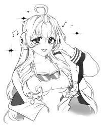 Rule 34 | 1girl, ahoge, breasts, camisole, collarbone, commission, crop top, curly hair, eyewear around neck, greyscale, hand on headphones, headphones, highres, hopetokki, indie virtual youtuber, long hair, medium breasts, monochrome, musical note, off shoulder, open mouth, short eyebrows, smile, solo, sparkle, teeth, torn camisole, torn clothes, underboob, unzipped, upper body, upper teeth only, vgen commission, virtual youtuber, vividly vivi