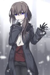 Rule 34 | 1girl, absurdres, adjusting scarf, arm up, black gloves, blue eyes, blurry, blurry background, breasts, brown hair, coat, commentary request, cowboy shot, expressionless, gloves, hair tie, highres, kisuzu 14, kuu (kisuzu 14), looking at viewer, medium breasts, medium hair, miniskirt, open clothes, open coat, original, pantyhose, parted lips, red sweater, scarf, skirt, snowing, standing, sweater, waving