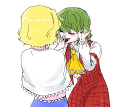 Rule 34 | 2girls, absurdres, alice margatroid, ascot, blonde hair, blue dress, candy, capelet, chocolate, chocolate heart, closed eyes, dress, food, green hair, heart, highres, kazami yuuka, lovelobten, multiple girls, plaid, plaid skirt, plaid vest, red vest, skirt, skirt set, touhou, vest, white background, white capelet, yellow ascot