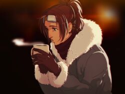 Rule 34 | 1other, aquiline nose, blowing, brown eyes, brown gloves, brown hair, brown scarf, coat, coffee mug, commentary, cup, english commentary, gloves, hange zoe, hanpetos, mug, other focus, ponytail, scarf, shingeki no kyojin, solo, steam, upper body, winter clothes, winter coat