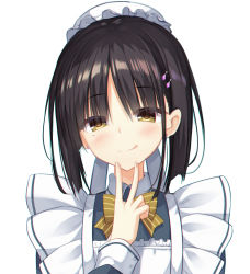Rule 34 | 1girl, :q, apron, black dress, black hair, blush, bow, brown bow, brown eyes, cafe stella to shinigami no chou, cariboy, closed mouth, collared shirt, dress, earrings, hair between eyes, hand up, hat, head tilt, highres, jewelry, long sleeves, looking at viewer, maid, maid apron, mob cap, mole, mole under eye, shiki natsume, shirt, sidelocks, simple background, smile, solo, striped, striped bow, stud earrings, tongue, tongue out, upper body, v, white apron, white background, white hat