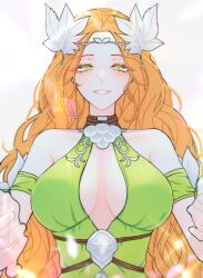 Rule 34 | absurdres, armband, bare shoulders, breasts, circlet, cleavage cutout, clothing cutout, collarbone, commentary request, dress, final fantasy, final fantasy xiv, foreshortening, green armband, green dress, green eyes, hair ornament, highres, incoming hug, korean commentary, large breasts, leaf hair ornament, long hair, looking at viewer, nophica, o2o2 5e5e, orange hair, outstretched arms, parted lips, simple background, sleeveless, sleeveless dress, smile, sparkle, straight-on, upper body, wavy hair, white background