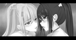 Rule 34 | 2girls, after kiss, ahoge, blush, commentary request, eye contact, eyes visible through hair, from side, greyscale, hair ornament, hair ribbon, heart, heart hair ornament, highres, letterboxed, long hair, looking at another, looking at viewer, monochrome, multiple girls, open mouth, portrait, ribbon, saliva, saliva trail, shinka musume, shinka musume channel, tongue, twintails, virtual youtuber, xila qian tang shi, yuri