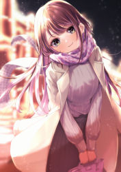 Rule 34 | 1girl, :3, bag, black skirt, bloom, blue eyes, brown hair, coat, colored inner hair, earrings, grey sweater, head tilt, highres, holding, holding bag, horo 27, houndstooth, jewelry, kaga nazuna, looking at viewer, lupinus virtual games, multicolored hair, night, open clothes, open coat, pink hair, pleated skirt, scarf, skirt, solo, stud earrings, sweater, swept bangs, v arms, virtual youtuber, vspo!, white coat, winter clothes