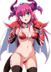 Rule 34 | 1girl, armor, asymmetrical horns, bikini armor, black gloves, black thighhighs, blue eyes, blush, breasts, cape, cleavage, collarbone, curled horns, dragon girl, dragon horns, dragon tail, elbow gloves, elizabeth bathory (brave) (fate), elizabeth bathory (fate), fang, fate (series), gauntlets, gloves, gluteal fold, hair ribbon, hairband, hara (harayutaka), highres, horns, long hair, looking at viewer, medium breasts, navel, open mouth, pauldrons, pink hair, pointy ears, red armor, ribbon, shoulder armor, silver trim, solo, tail, thighhighs, thighs, two side up, uneven horns, white cape