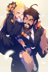 Rule 34 | 1boy, 1girl, abigail williams (fate), ahoge, beard, black bow, black dress, black eyes, black hair, black neckwear, black suit, blonde hair, blue eyes, blush, bow, breasts, carrying over shoulder, dress, echo (circa), edward teach (fate), facial hair, fate/grand order, fate (series), forehead, formal, grin, hair bow, long hair, long sleeves, multiple bows, mustache, necktie, one eye closed, open mouth, orange bow, parted bangs, polka dot, polka dot bow, ribbed dress, smile, stuffed animal, stuffed toy, suit, teddy bear