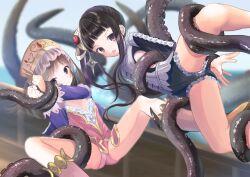 Rule 34 | arms behind back, ass, atelier (series), atelier totori, black hair, black shorts, blue shirt, boots, breasts, brown eyes, brown hair, echi kanichi, hat, highres, knee boots, legs, long hair, mimi houllier von schwarzlang, octopus, open mouth, outdoors, panties, pink footwear, pink headwear, pink panties, pink shirt, purple eyes, restrained, shirt, short shorts, shorts, side ponytail, small breasts, spread legs, suspension, tentacles, thighs, totooria helmold, underwear, white shirt