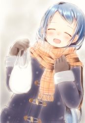 Rule 34 | 1girl, alternate costume, arm up, bag, blue hair, blue jacket, blush, closed eyes, commentary request, dutch angle, facing viewer, gloves, holding, holding bag, jacket, kantai collection, long hair, long sleeves, mae (maesanpicture), open mouth, samidare (kancolle), scarf, sidelocks, simple background, solo, swept bangs, upper body, very long hair, white background, yellow scarf
