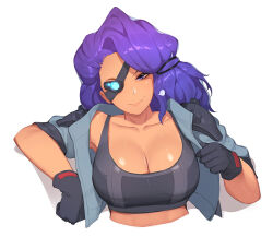 Rule 34 | black gloves, black sports bra, breasts, cleavage, closed mouth, cropped jacket, cropped torso, dark-skinned female, dark skin, eyepatch, gloves, hand up, head tilt, jacket, large breasts, league of legends, long hair, looking at viewer, mole, mole above mouth, one eye covered, open clothes, open jacket, pepper0, purple eyes, purple hair, samira, short sleeves, simple background, smile, sports bra, tan, upper body, white background