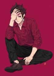 Rule 34 | 1boy, alternate costume, brown footwear, brown hair, closed mouth, contemporary, earrings, film grain, fingernails, hand on own face, highres, jewelry, kamado tanjirou, kimetsu no yaiba, male focus, purple eyes, red background, scar, scar on face, scar on forehead, signature, simple background, single earring, sitting, sleeves rolled up, solo, wozue