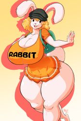 Rule 34 | 1girl, animal ears, blonde hair, breasts, carrot (one piece), cleavage, covered erect nipples, curvy, hat, highres, huge breasts, image sample, one piece, rabbit ears, rabbit tail, smile, solo, tail, thick thighs, thighs, tumblr sample, wide hips