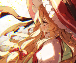 Rule 34 | 1girl, alternate color, blonde hair, blush, bow, breasts, brown background, brown eyes, buttons, dress, frills, gradient background, hair between eyes, hair bow, hat, kirisame marisa, kirisame marisa (witch of scarlet dreams), light, long hair, looking to the side, medium breasts, open mouth, piyokichi, puffy short sleeves, puffy sleeves, red bow, red dress, red hat, shadow, shirt, short sleeves, solo, touhou, touhou lostword, upper body, white background, white shirt, white sleeves, witch hat