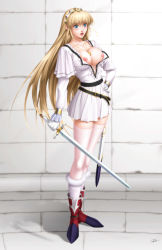 Rule 34 | 1girl, belt, between breasts, blonde hair, blue eyes, blush, boots, breasts, breasts out, collarbone, earrings, female focus, hand on own hip, jewelry, large breasts, long hair, nipples, open mouth, pendant, shadow, sharon, solo, standing, surprised, sword, takatan, thighhighs, uniform, very long hair, wardrobe malfunction, weapon, words worth, zettai ryouiki