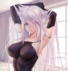 Rule 34 | 1girl, arm strap, armpits, arms behind head, arms up, aztodio, bare shoulders, black gloves, blue eyes, breasts, closed mouth, collarbone, commentary, elbow gloves, gloves, hair over one eye, highres, indoors, large breasts, long hair, looking at viewer, mole, mole under mouth, nier (series), nier:automata, solo, taut clothes, very long hair, white hair, window, a2 (nier:automata)