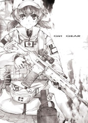 Rule 34 | 1girl, adaptive combat rifle, assault rifle, blush, delusion overdose, gloves, greyscale, gun, hat, matsuno canel, military, monochrome, original, rifle, short twintails, smile, solo, trigger discipline, twintails, uniform, v-shaped eyebrows, weapon