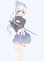 Rule 34 | 1girl, blue dress, blue eyes, breasts, cleavage, dress, earrings, hair ornament, high ponytail, highres, holding, holding sword, holding weapon, jewelry, leg up, long hair, rwby, scar, scar across eye, scar on face, short dress, silver hair, sketch, solo, standing, sword, very long hair, weapon, weiss schnee, yui tsuda